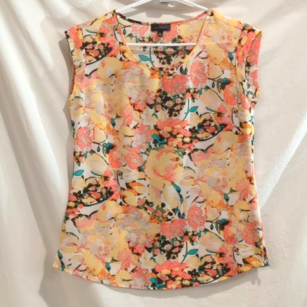 The Limited | Golden Coral Floral Sleeveless Top Woven Crepe Rounded Hem | XS